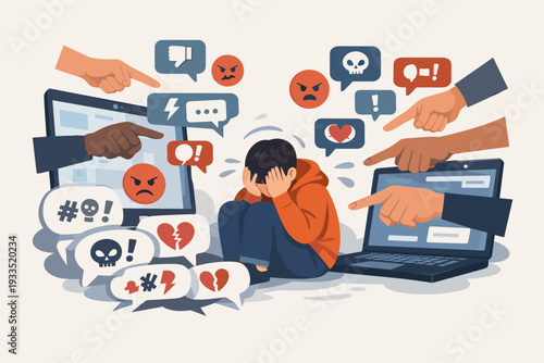 Cyberbullying and online harassment concept with a sad child surrounded by pointing hands, angry emojis, and hateful social media comments from digital screens, representing digital abuse.