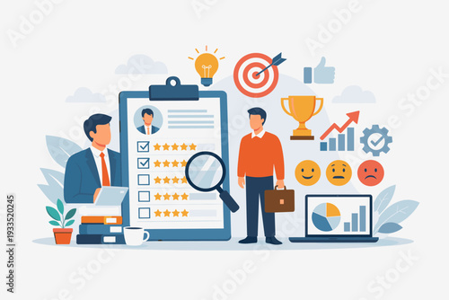 Employee Performance Evaluation and Appraisal Concept with Human Resources Manager Reviewing Candidate Rating on Clipboard. Business Assessment, Feedback, and Career Growth Vector Illustration.