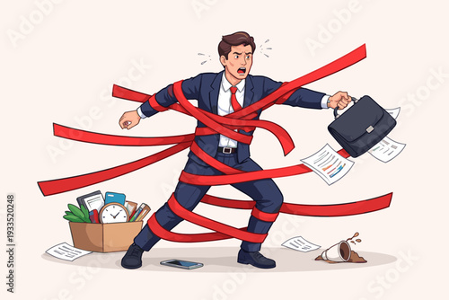 Stressed Businessman Trapped in Red Tape Struggling with Bureaucracy and Administrative Hurdles, Concept of Business Failure, Job Loss, Corporate Inefficiency, and Frustration Vector Illustration