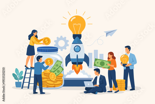 Fundraising for a new innovative project and startup business. People investing money into a jar to support a rocket launch idea. Venture capital, crowdfunding, and financial donation concept.
