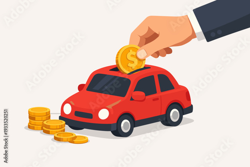 Hand Putting Gold Coin into Red Car Piggy Bank, Concept of Saving Money for New Vehicle Purchase, Car Loan, Automotive Finance, Investment, Insurance, and Transportation Expenses Flat Illustration