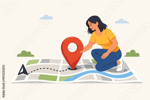 GPS Navigation Service and Route Planning Concept with a Woman Placing a Large Red Location Pin on a City Map. Flat Vector Illustration of a Girl Finding Destination and Getting Directions.