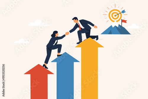 Business Leader and Manager Helping Each Other Climb Rising Arrows Toward Success and Goal Achievement, Concept of Teamwork, Mentorship, Career Growth, and Corporate Partnership Illustration