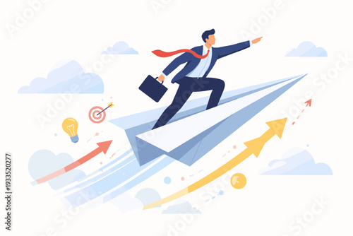 Businessman flying on paper plane for startup growth and business success concept. Professional leader aiming for goals with innovation, vision, and career progress in sky. Flat vector illustration.