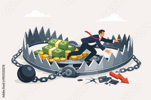 Businessman running into a giant metal bear trap filled with money and coins, symbolizing financial risk, debt trap, investment failure, greed, economic crisis, and bankruptcy concept.