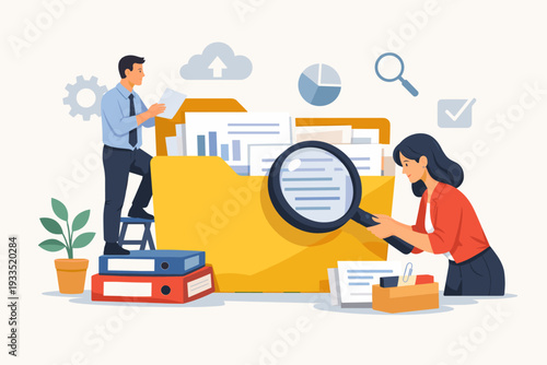 Business Professionals Searching and Organizing Documents in Large Yellow Folder, Woman Using Magnifying Glass for Data Analysis, Man Reviewing Files, Information Management and Archive Concept