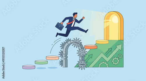 Businessman jumping over a crisis obstacle towards a bright future and career success, concept of personal development, motivation, and finding opportunities in the new post-COVID era.
