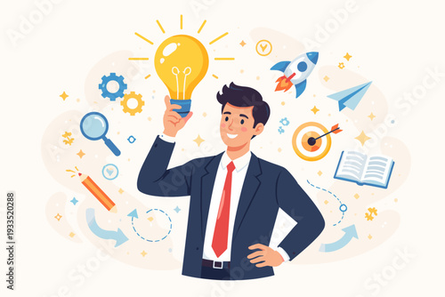 Businessman holding a glowing light bulb as a symbol of new creative ideas and innovative solutions, concept of brainstorming, thinking, and business success in a flat vector illustration style.