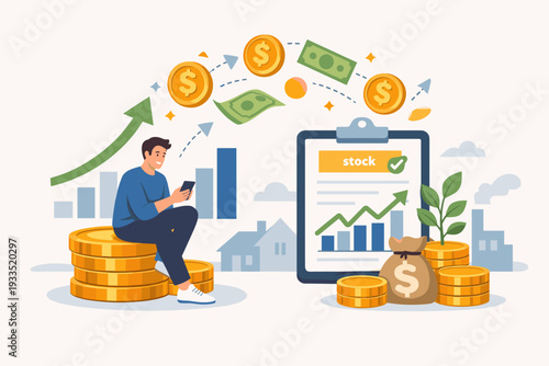 Passive Income Concept Illustration of a Young Man Investing in Stock Market and Receiving Dividends. Investor Sitting on Gold Coins Using Smartphone for Online Trading and Wealth Growth.
