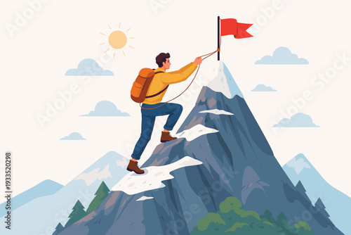 Man with backpack climbing steep mountain peak to reach red flag at summit, concept of success, overcoming obstacles, achieving challenging goals, business ambition, leadership, career growth, vector