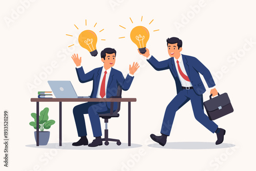 Businessman Stealing a Creative Idea from a Colleague in the Office, Concept of Intellectual Property Theft, Plagiarism, and Corporate Espionage, Flat Vector Illustration with Lightbulbs.