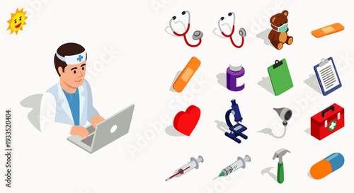 Doctor with laptop and medical icons - healthcare, medicine, technology, symbols and equipment