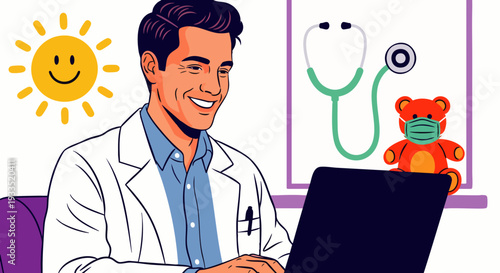 Friendly male doctor smiling while using a laptop, with a teddy bear wearing a mask and a stethoscope in the background.