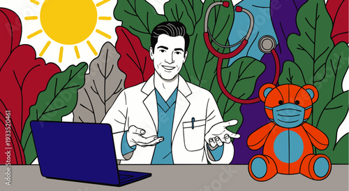 Pediatrician conducting an online consultation with a masked teddy bear, symbolizing virtual healthcare for children during a pandemic.