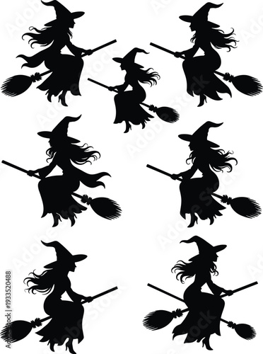 Halloween flying witch silhouette icon set featuring broomstick magic female sorceress poses spooky fantasy characters isolated on white background vector illustration
