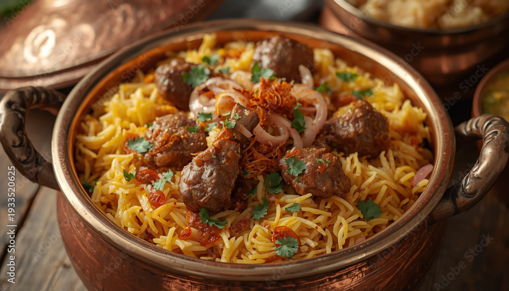 Fototapeta premium A delicious and aromatic dish of meatballs and rice in a copper pot