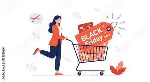 Happy Woman Shopping for Black Friday Sale Discounts in Cart