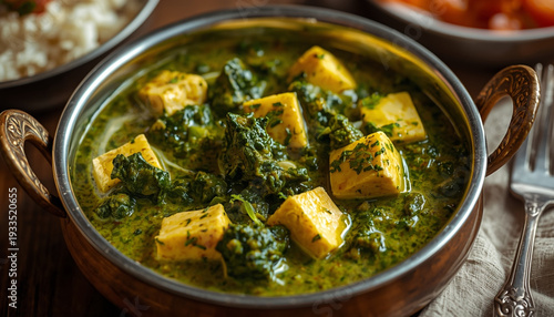 A delicious Indian dish of palak paneer in a copper bowl on a table with utensils and other food