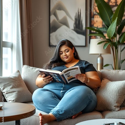 Mexican plus size female sitting comfortably on sofa reading a book in Mexico city