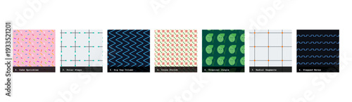 High resolution seamless patterns with bold geometric and organic designs. Vibrant, tileable backgrounds ideal for fabric printing, textile production, wallpaper, packaging, wrapping paper, scrapbook