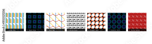 High resolution seamless patterns with bold geometric and organic designs. Vibrant, tileable backgrounds ideal for fabric printing, textile production, wallpaper, packaging, wrapping paper, scrapbook