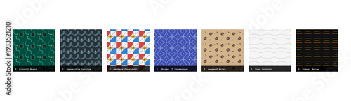 High resolution seamless patterns with bold geometric and organic designs. Vibrant, tileable backgrounds ideal for fabric printing, textile production, wallpaper, packaging, wrapping paper, scrapbook