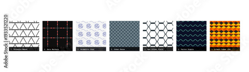 High resolution seamless patterns with bold geometric and organic designs. Vibrant, tileable backgrounds ideal for fabric printing, textile production, wallpaper, packaging, wrapping paper, scrapbook