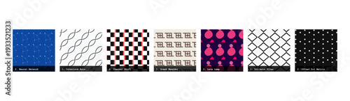 High resolution seamless patterns with bold geometric and organic designs. Vibrant, tileable backgrounds ideal for fabric printing, textile production, wallpaper, packaging, wrapping paper, scrapbook