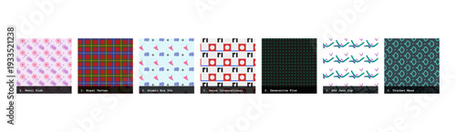 High resolution seamless patterns with bold geometric and organic designs. Vibrant, tileable backgrounds ideal for fabric printing, textile production, wallpaper, packaging, wrapping paper, scrapbook