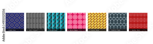 High resolution seamless patterns with bold geometric and organic designs. Vibrant, tileable backgrounds ideal for fabric printing, textile production, wallpaper, packaging, wrapping paper, scrapbook