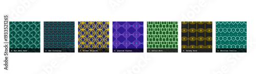 High resolution seamless patterns with bold geometric and organic designs. Vibrant, tileable backgrounds ideal for fabric printing, textile production, wallpaper, packaging, wrapping paper, scrapbook