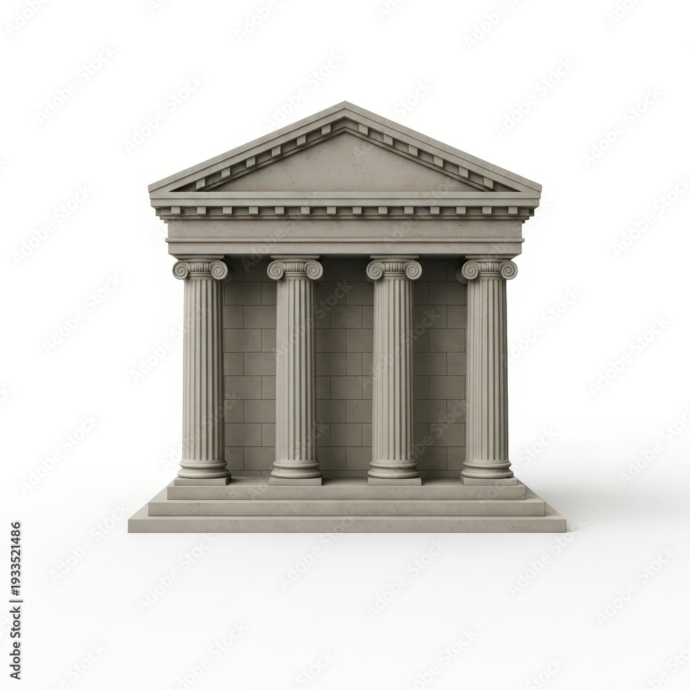 Obraz premium Classical Temple Facade 3D Render Isolated on White Background Symbolizing Law and Finance
