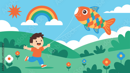 Boy flying fish kite outdoors