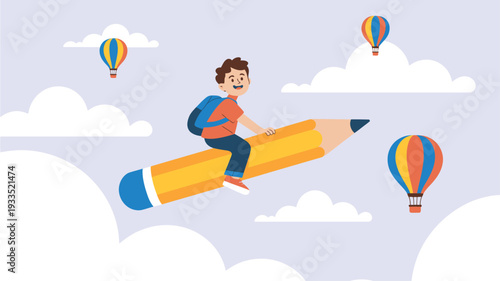 Boy flying pencil clouds hot air balloons