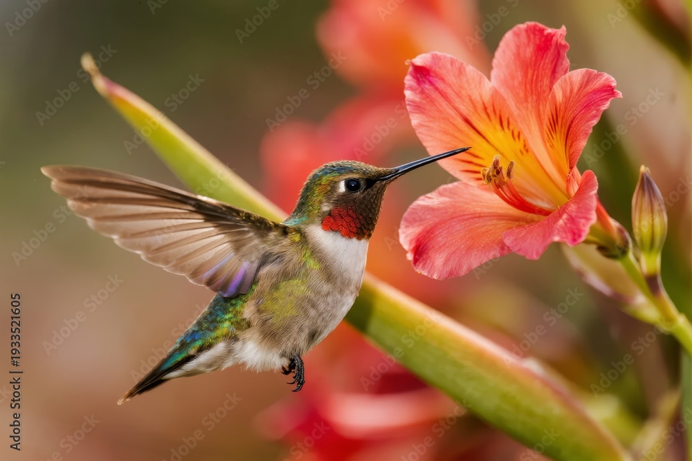 Fototapeta premium A hummingbird hovers near a vibrant pink flower, feeding with its long beak.