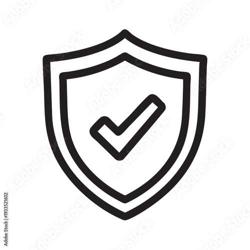 A simple black line illustration of a shield with a checkmark on a plain background viewed from the front