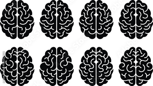 Set of black human brain silhouettes in different styles isolated on white background, anatomy icons for neuroscience, psychology, medical, education design vector collection