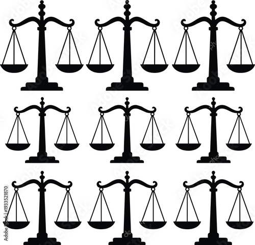 Set of black justice scale silhouettes isolated on white background, legal balance symbols for law, court, equality, fairness, judiciary concepts, vector illustration collection