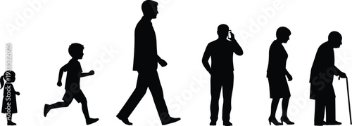Human life stages silhouettes from childhood to old age isolated on white background, aging process timeline, people walking evolution concept illustration