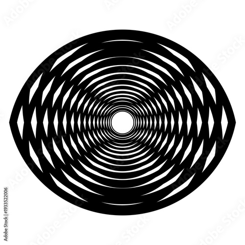 Abstract optical illusion vector pattern. Black overlapping concentric rings creating an eye shape illusion and 3D tunnel effect. Hypnotic op art vortex isolated on transparent background