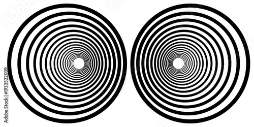 Abstract optical illusion vector pattern. Asymmetrical black concentric circles creating a 3D tunnel and deep cone effect. Eccentric op art design isolated on transparent background