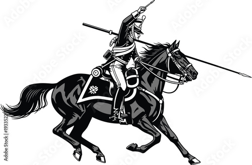 Historical cavalry soldier silhouette riding horse with raised sword isolated on white background, medieval battle warrior concept, military history illustration, dramatic action pose