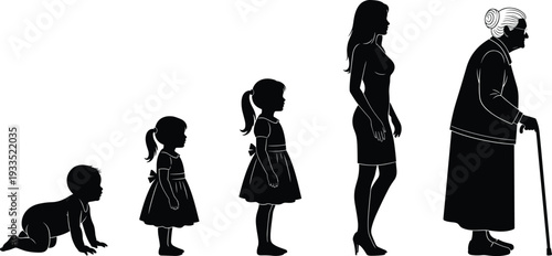 Female life stages silhouettes from baby to elderly woman isolated on white background, human aging process, growth timeline, family generation concept illustration
