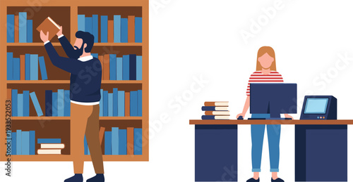 Modern library study illustration with man choosing books and woman working at computer desk, education research concept, flat vector office workspace design