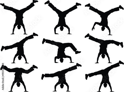 Breakdance handstand silhouettes set of street dancers performing power moves isolated on white background, urban hip hop dance culture motion poses collection