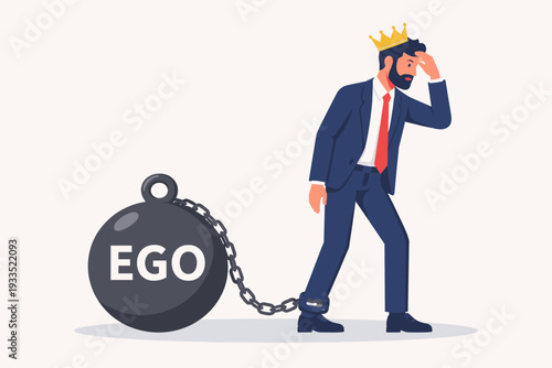 Vector Illustration of a Successful Man in a Suit Wearing a Crown and Chained to a Heavy Weight Labeled Ego, Representing the Burden of Pride, Narcissism, and Arrogance in Business and Life.