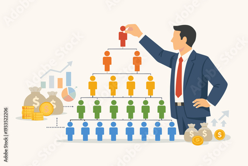 Businessman Building Multi Level Marketing MLM Pyramid Structure with Human Icons, Money Bags, and Financial Growth Charts. Concept of Network Marketing, Corporate Hierarchy, and Business Success.