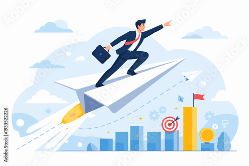 Businessman Flying on a Paper Plane Rocket for Startup Growth and Success Concept. Professional Male Entrepreneur Reaching for Goals with Visionary Leadership and Financial Progress Vector Artwork.