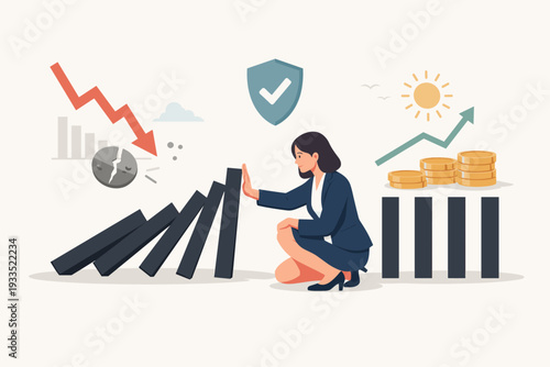 Businesswoman Stopping Domino Effect for Risk Management and Crisis Prevention, Financial Investment Protection Strategy with Shield and Growth Chart, Economic Stability and Success Concept