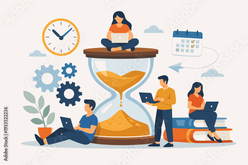 Time Management and Productivity Concept with People Working Together Around a Huge Hourglass. Team Collaboration, Planning, and Meeting Deadlines with Laptops, Calendar, Clock, and Gear Elements.